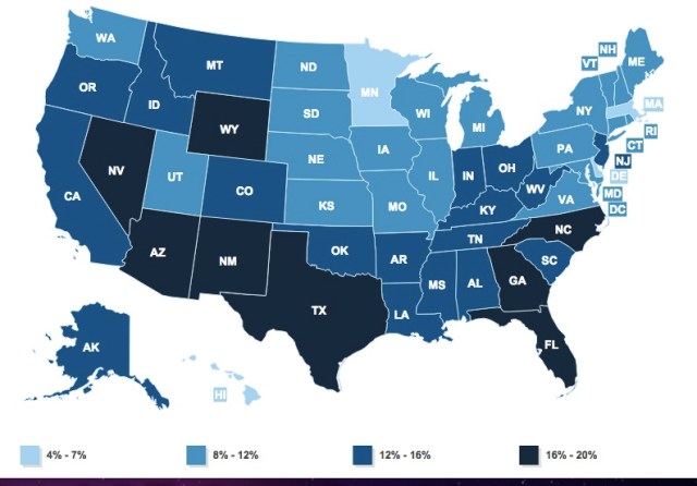 Percentage without health insurance by state